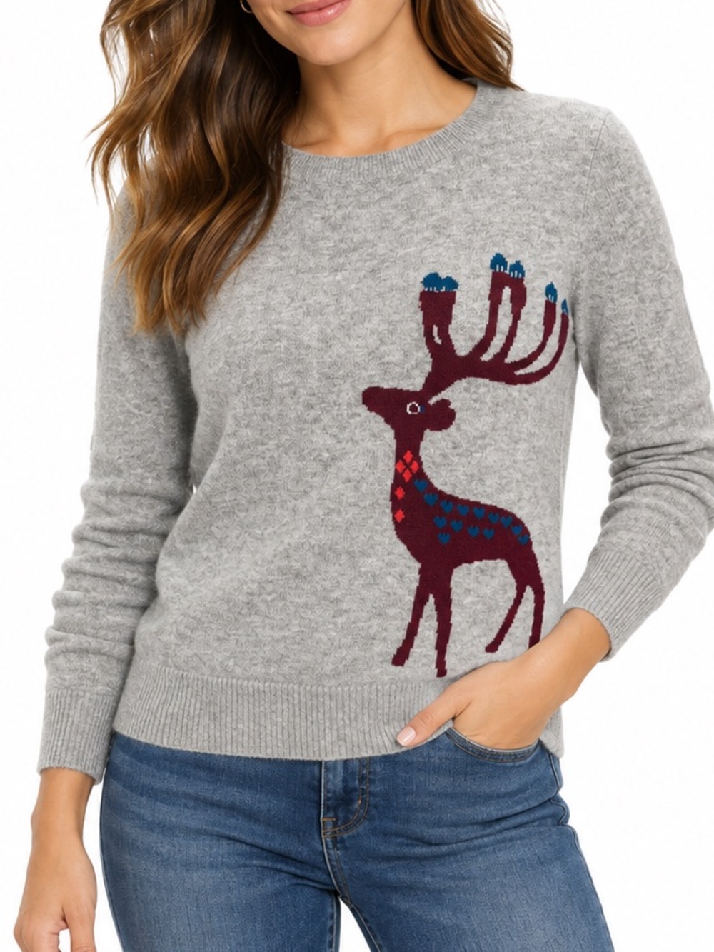 LOFT Reindeer Wool Blend Holiday Christmas Sweater Gray Size M